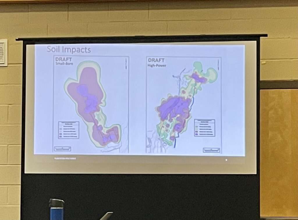 Two maps with various colors are projected onto a white screen.