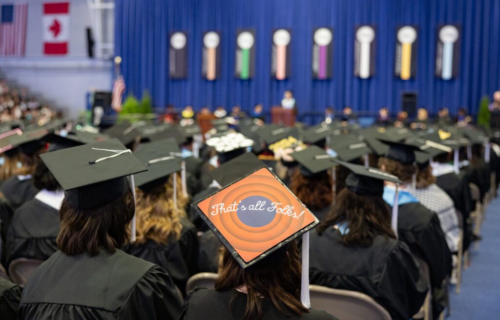 Valerie Campbell's mortarboard references "Looney Tunes."