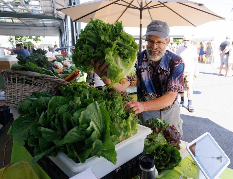 Cedarville Farms’ Mike Finger stocks more leaf lettuce in his booth as an array of fresh vegetables are stocked at his booth.