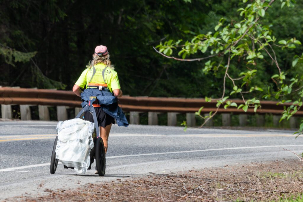 Balser keeps his food, water, camping gear and everything else he needs in the cart he pulls behind him as he runs.