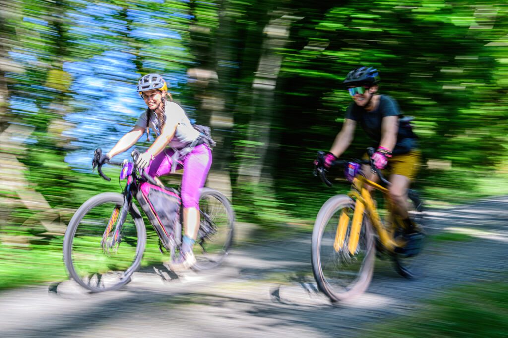 Amy Hopkins and Stephanie Short ride along the Interurban Trail.