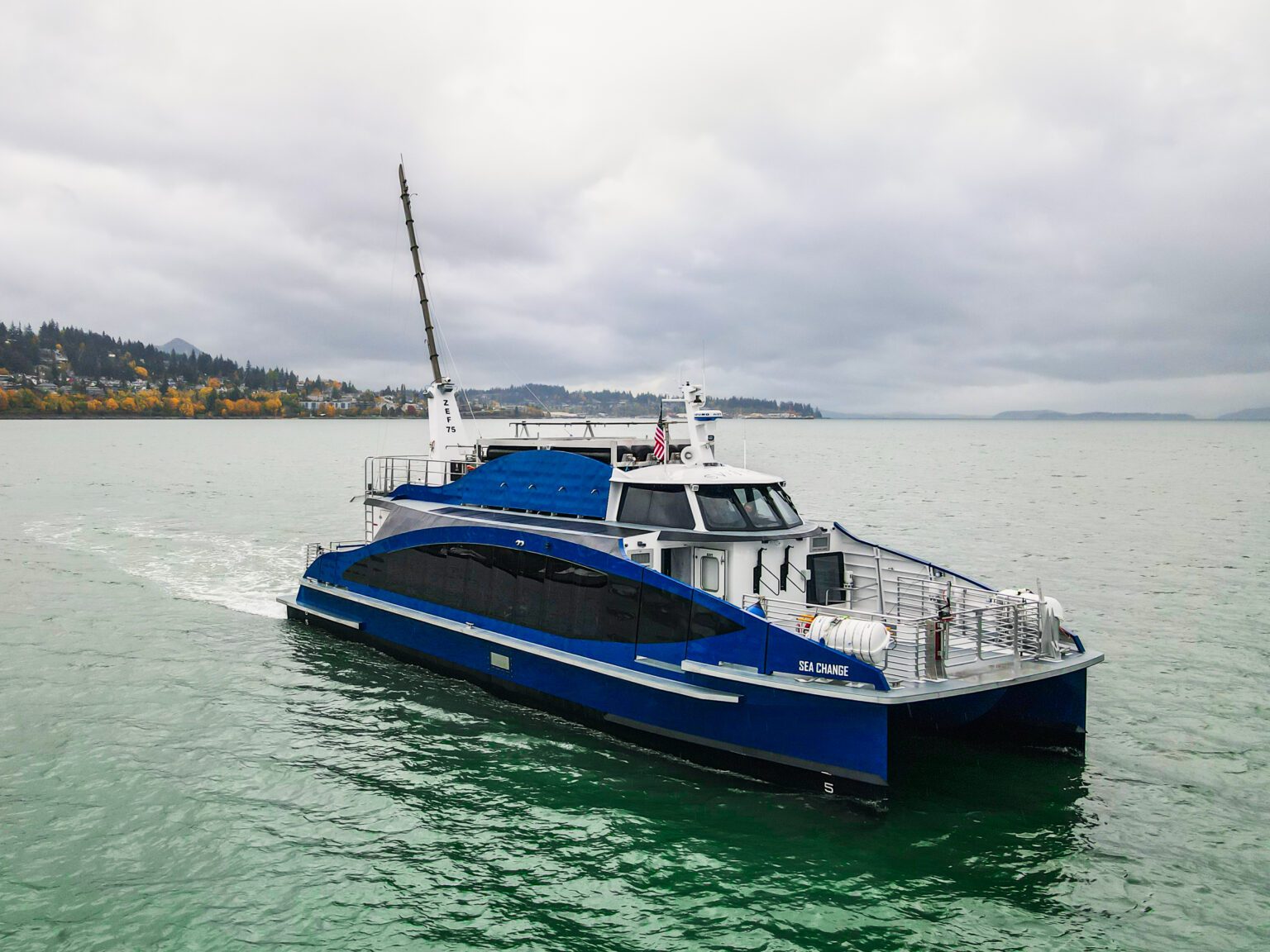 A blue ferry on the Bellingham Bay