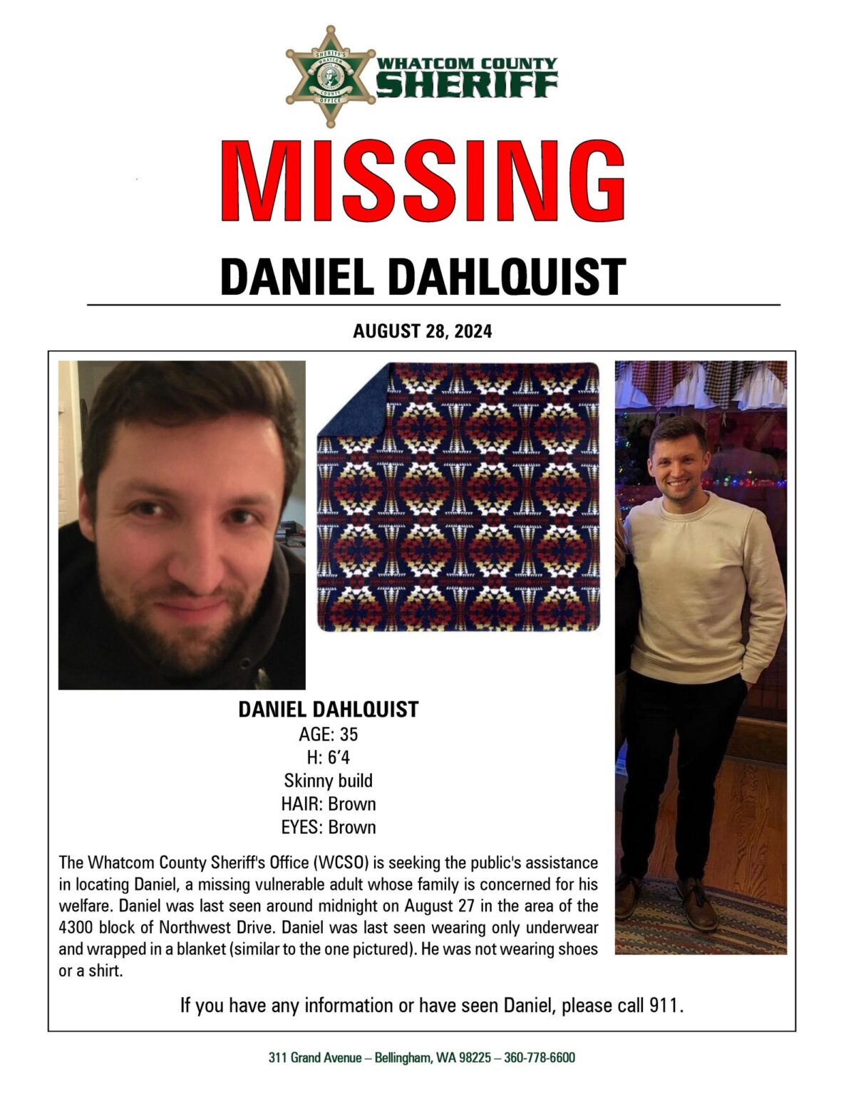 A missing poster for a white man with brown hair and brown eyes.