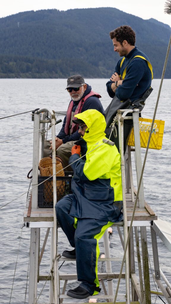 During a long dry spell without salmon, the reefnetters rest atop the 20-foot crows nest, bouncing with the waves.