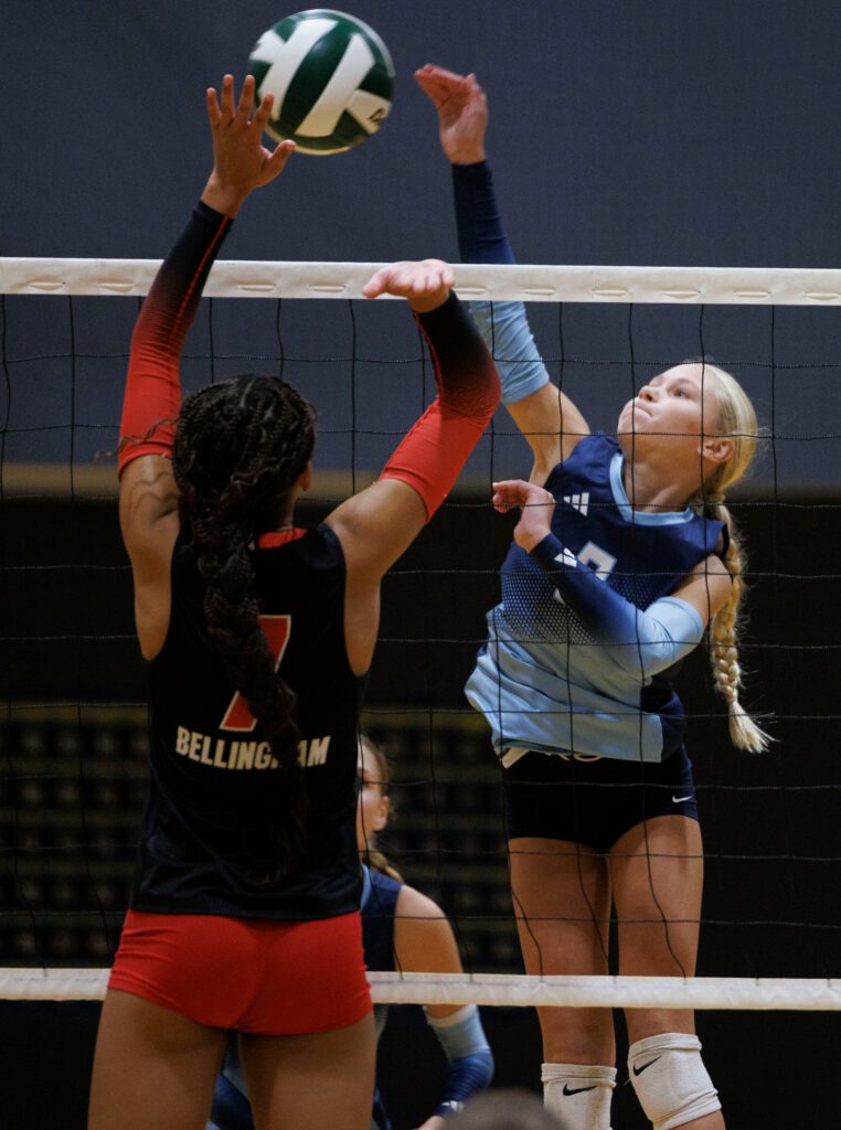 Lynden Christian’s Ellie Pierce scores a kill.