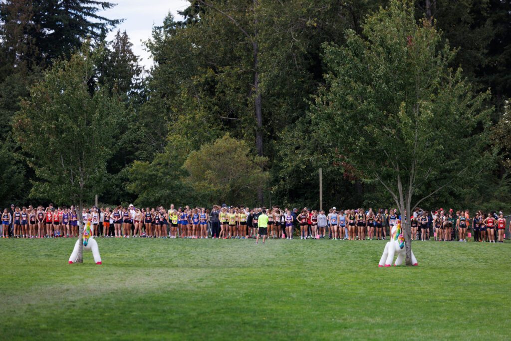 Senior girls line up at the start of their race.