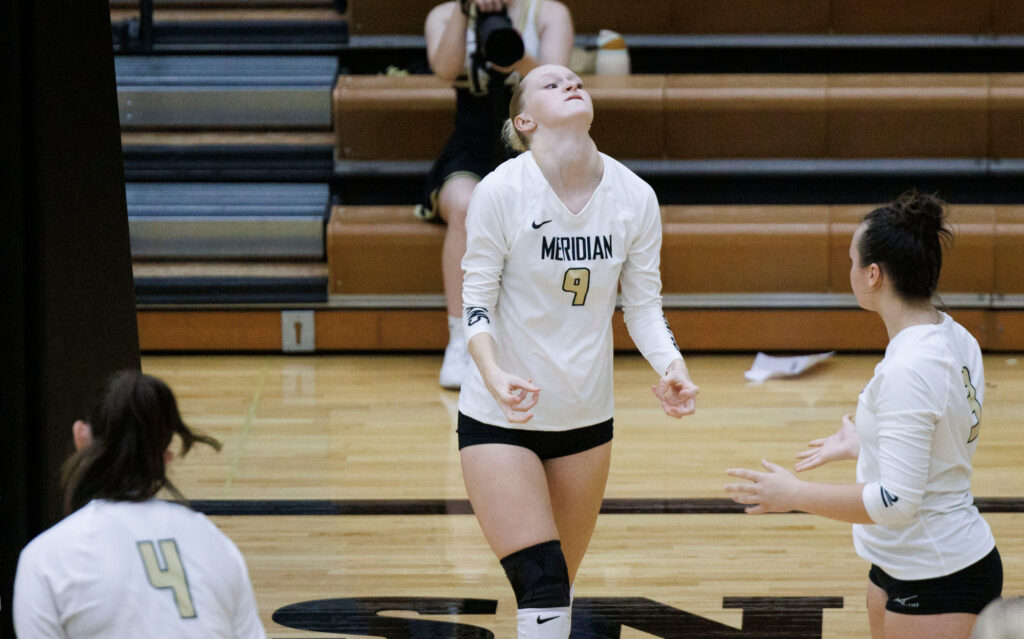 Meridian's Gracie Pap reacts to a point for Nooksack Valley during the tie-breaking fifth set.