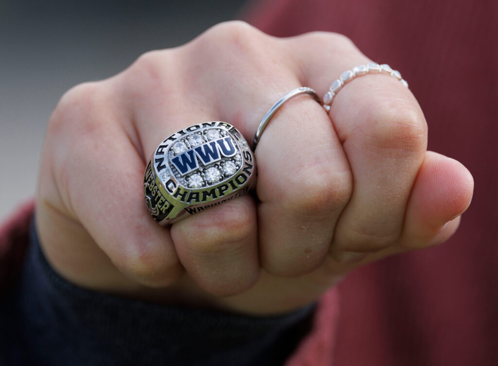 Emily Webster wears her championship ring from the Vikings’ 2016 national championship win.