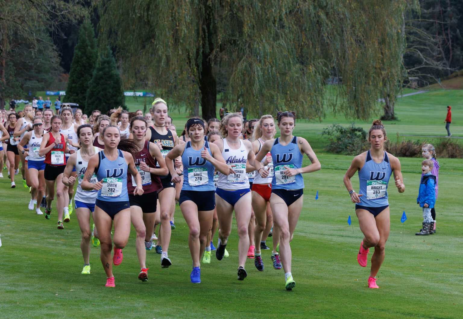 A pack of runners from the Western women's team competes in the GNAC Championships.