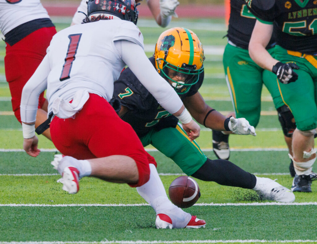 Lynden’s Zay Harris grabs an Archbishop Murphy fumble.