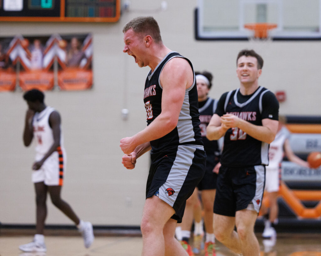 Bellingham’s Gabriel Van Hofwagen yells as the Bayhawks take a 22-point lead Wednesday, Dec. 11 during an 83-41 road win over Blaine.