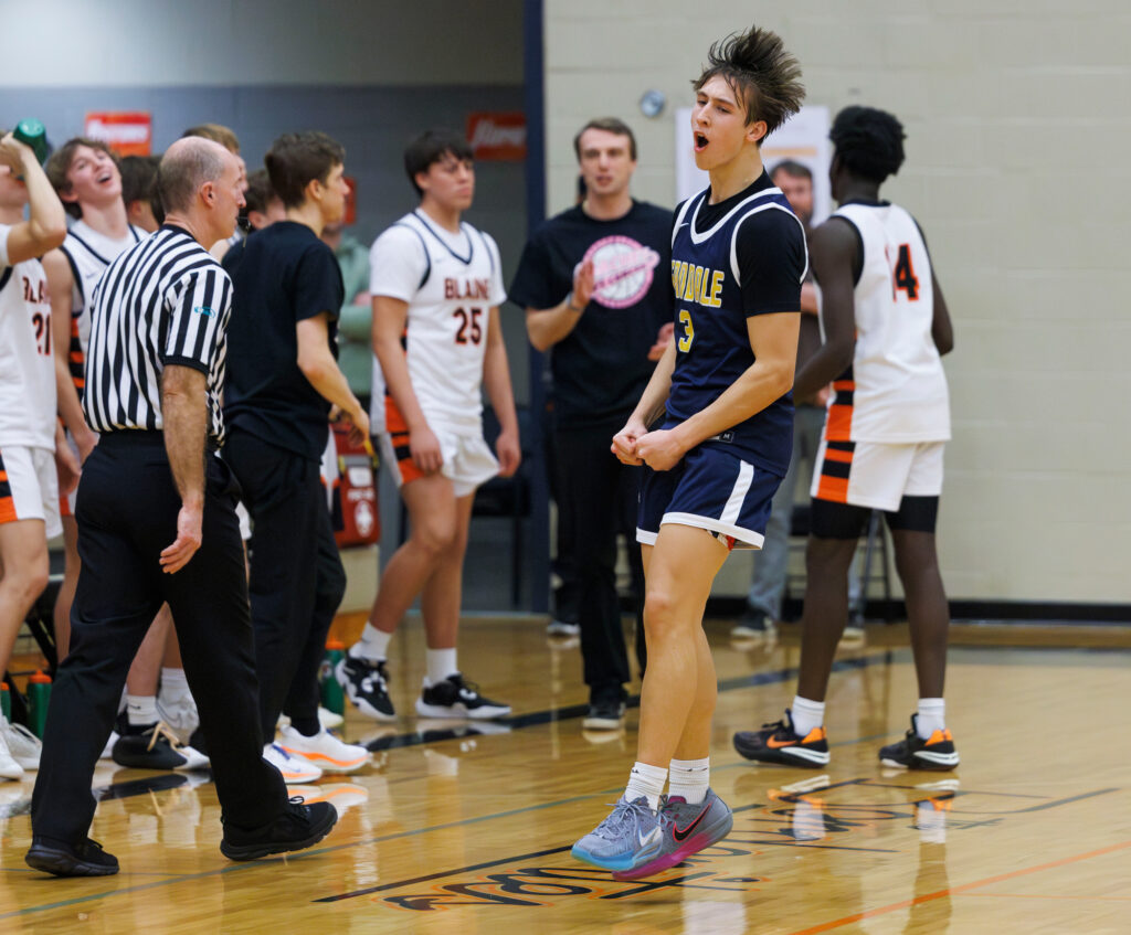 Ferndale’s Cooper Vincent celebrates Jan. 30 after the Golden Eagles hold off Blaine in the fourth quarter for a 58-55 victory at Blaine High.