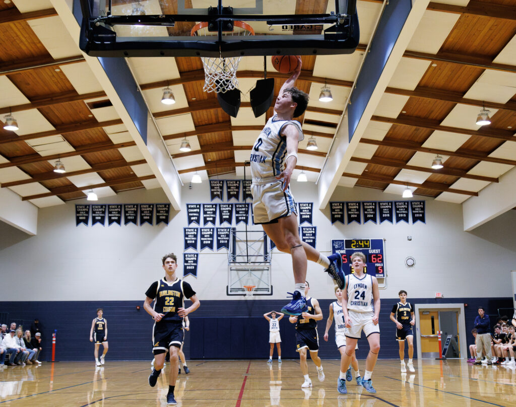 Lynden Christian’s Dawson Hintz throws down a slam dunk Jan. 3 as the Lyncs beat Burlington-Edison 87-68 at Lynden Christian High.