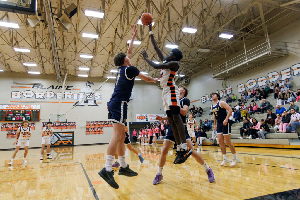 Blaine’s Dulio Kanagie shoots over Ferndale’s Jonah Brillowsky.