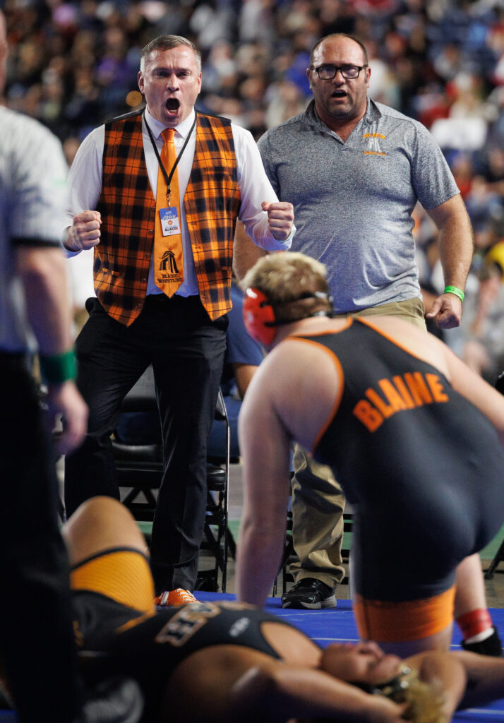 Blaine head coach Tom Hinz cheers after Cade Otten pins his opponent at the 1B/2B/1A/2A state championship during Mat Classic XXXVI held at the Tacoma Dome on Feb. 22 in Tacoma.