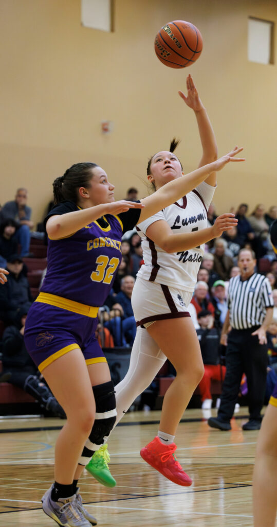 Lummi Nation’s Kashyn Mack throws up a one-handed shot.