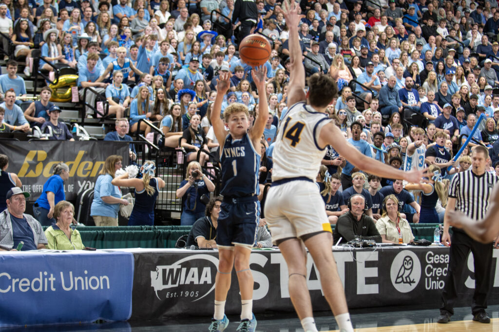 Lynden Christian guard Gunnar Dykstra lets a 3-pointer rip in the second quarter.