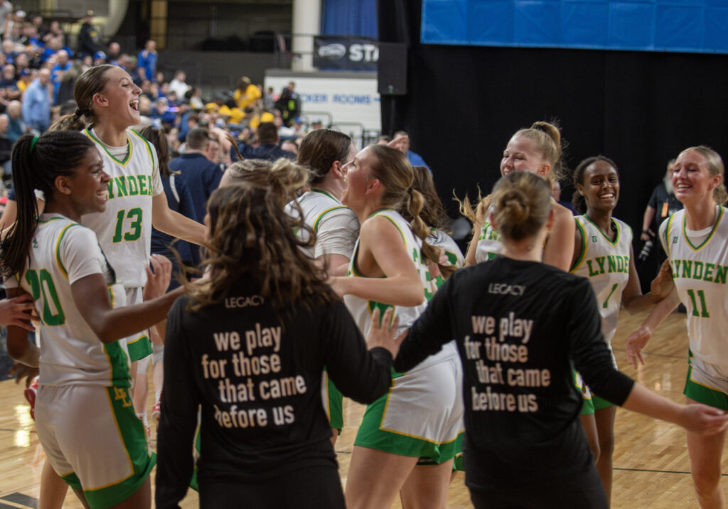 Lynden girls celebrate after the final buzzer sounds.