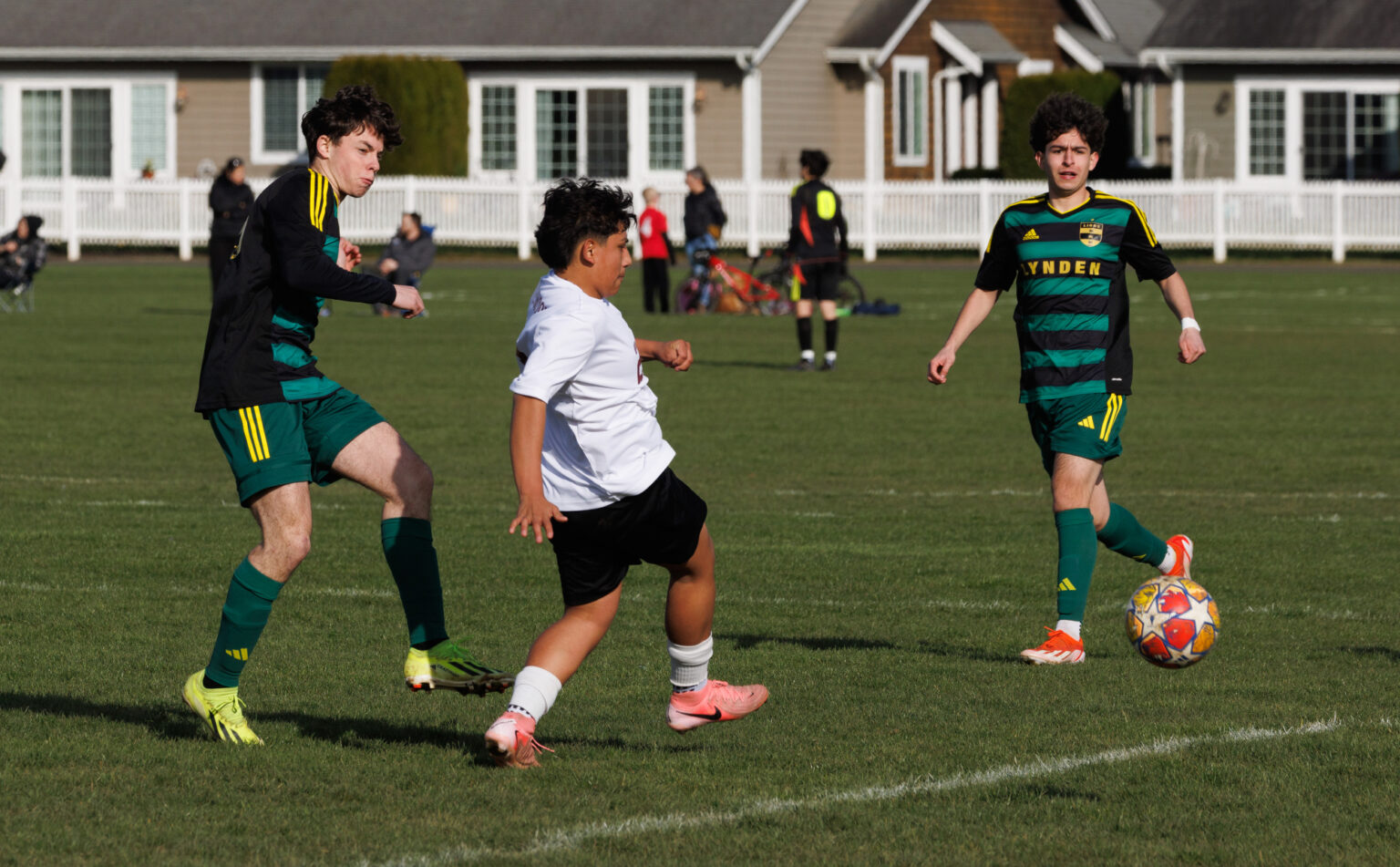 Lynden’s Justin Stenier scores a goal.